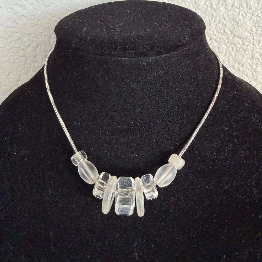 Robert Rose Necklace Clear Acrylic Geometric Beaded Statement Womens Silver Tone
